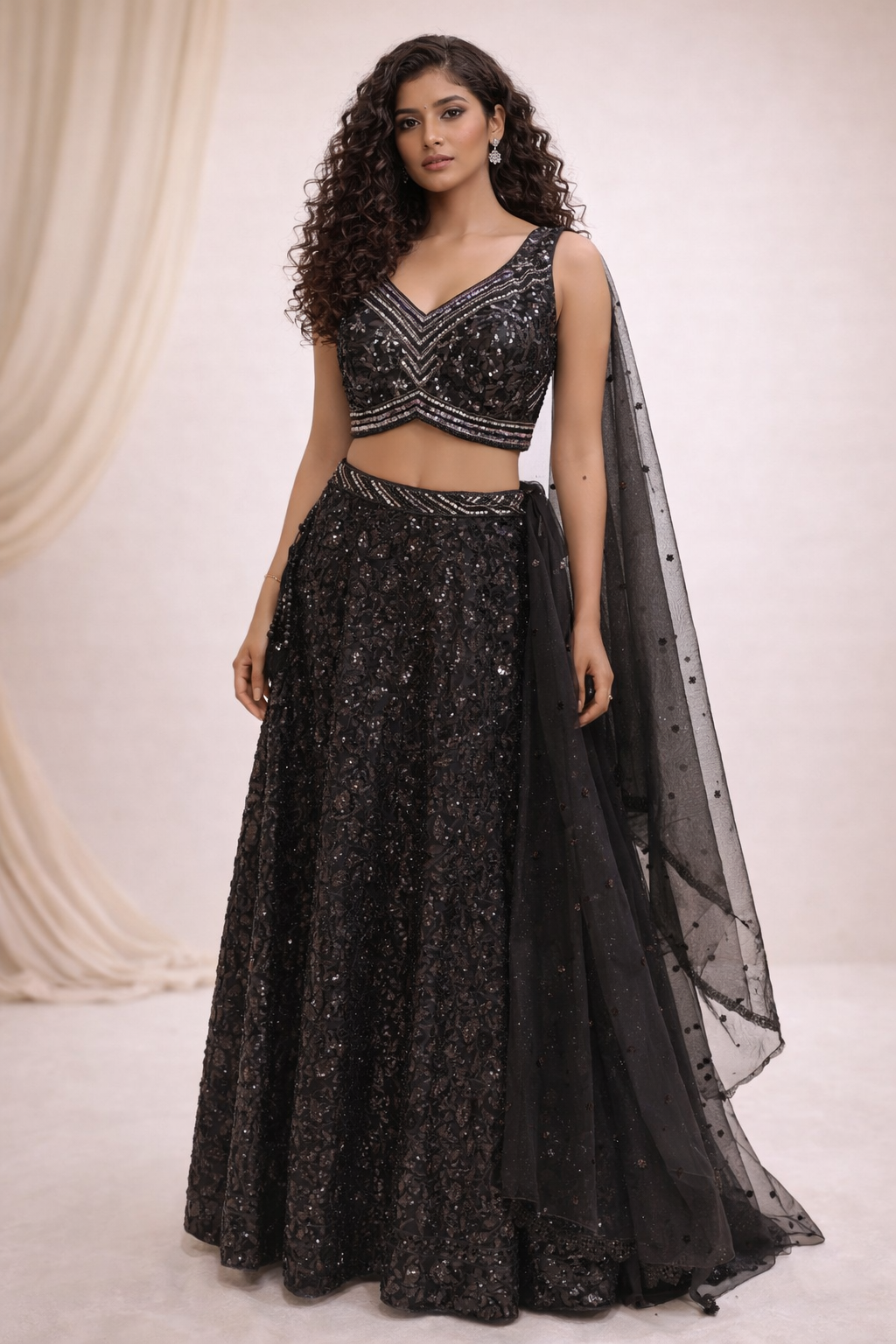 Midnight Black Sequin Embroidered Lehenga Set with Sheer Dupatta
